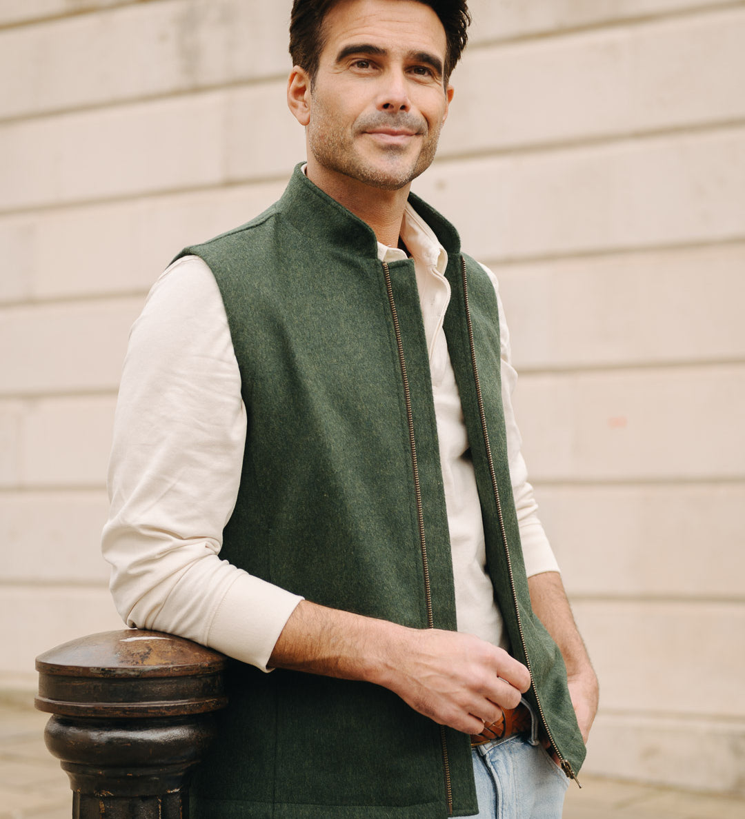 Darzi Zipped Gilet - Green Loden Wool
