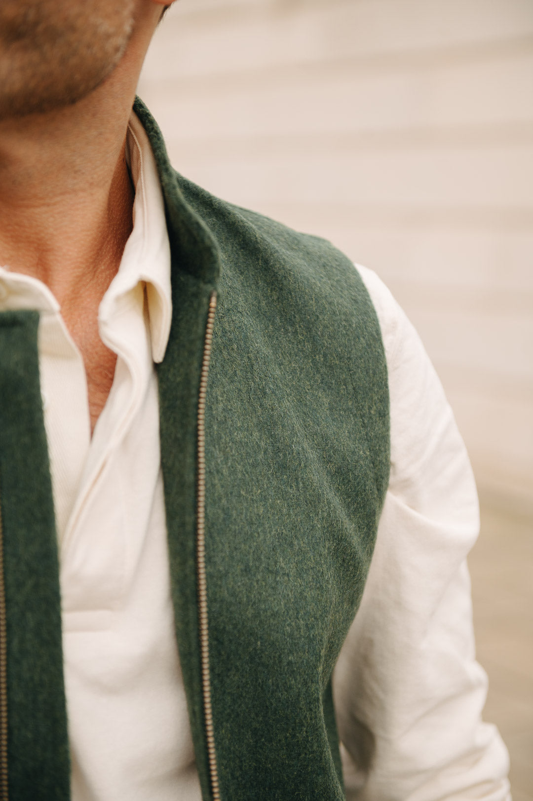 Darzi Zipped Gilet - Green Loden Wool
