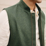 Darzi Zipped Gilet - Green Loden Wool - Close Up