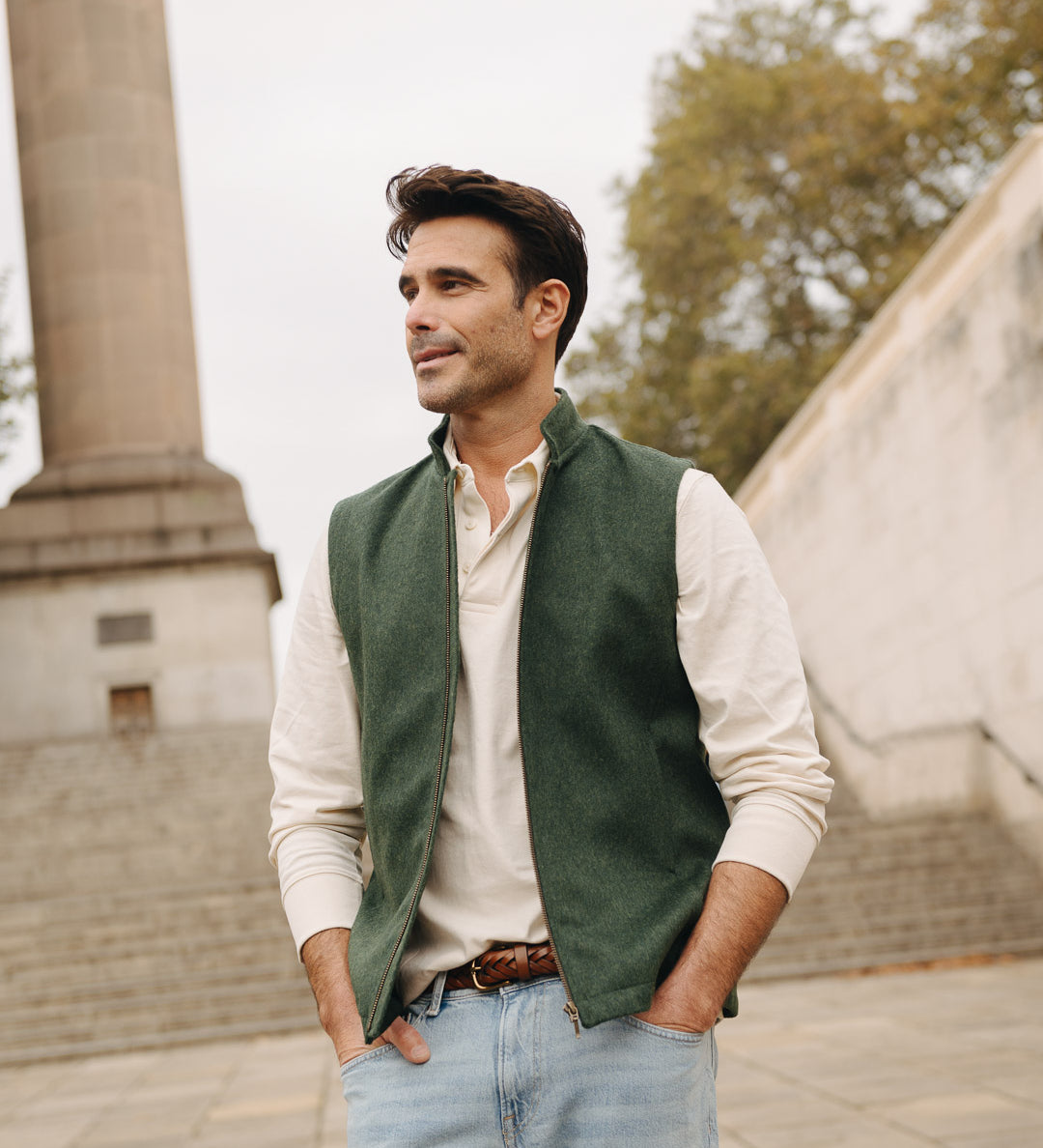 Darzi Zipped Gilet - Green Loden Wool