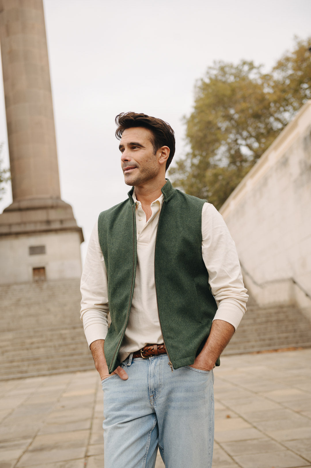 Darzi Zipped Gilet - Green Loden Wool