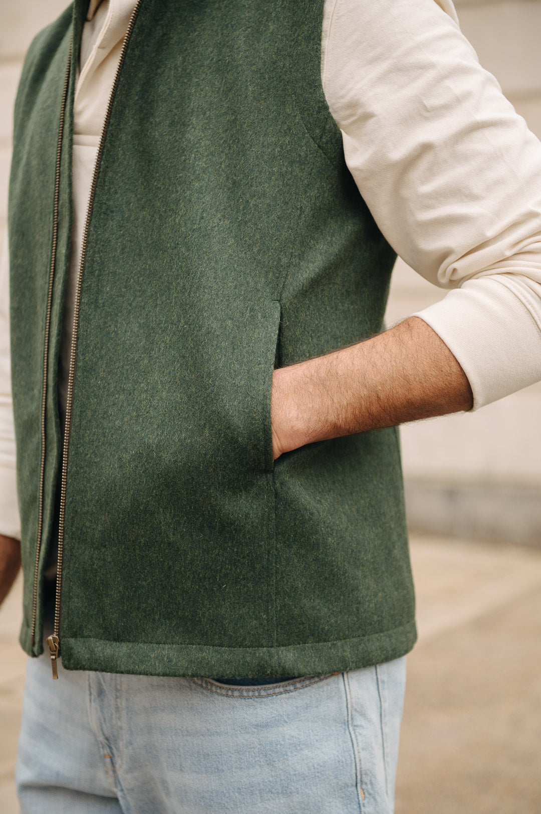 Darzi Zipped Gilet - Green Loden Wool