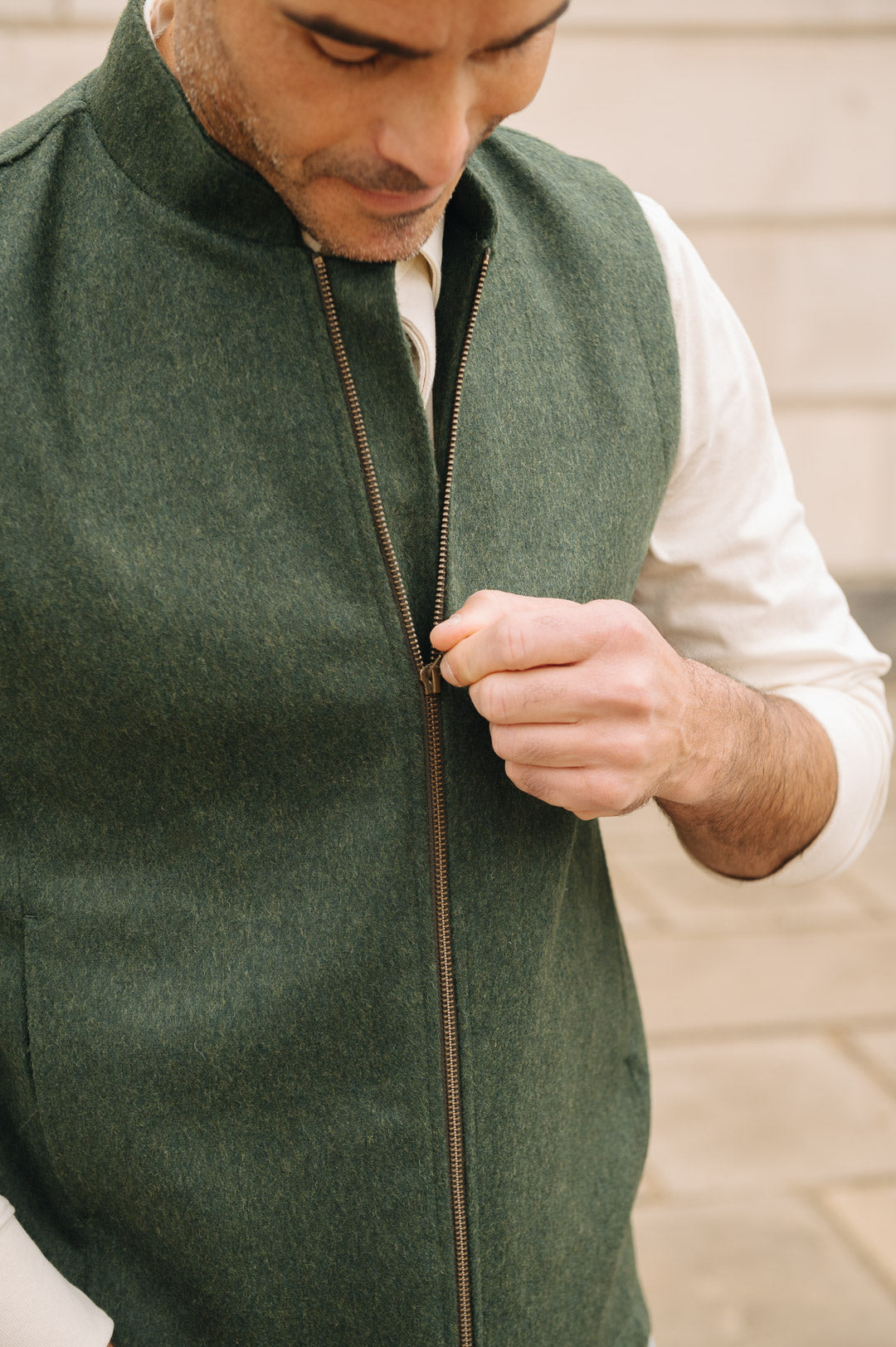 Darzi Zipped Gilet - Green Loden Wool