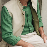 DARZI COMO LINEN WAISTCOAT - LIMESTONE - LING DETAIL 2