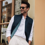 DARZI COMO LINEN NEHRU WAISTCOAT -  NAVY - FRONT 4