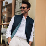 DARZI COMO LINEN NEHRU WAISTCOAT - NAVY - FRONT 4