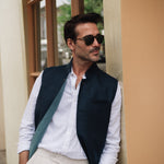 DARZI COMO LINEN NEHRU WAISTCOAT -  NAVY - FRONT 3
