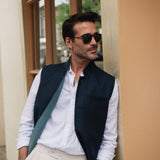 DARZI COMO LINEN NEHRU WAISTCOAT - NAVY - FRONT 3