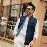 DARZI COMO LINEN NEHRU WAISTCOAT - NAVY - FRONT 2