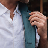 DARZI COMO LINEN NEHRU WAISTCOAT - NAVY - CLOSE UP CONTRAST LINING