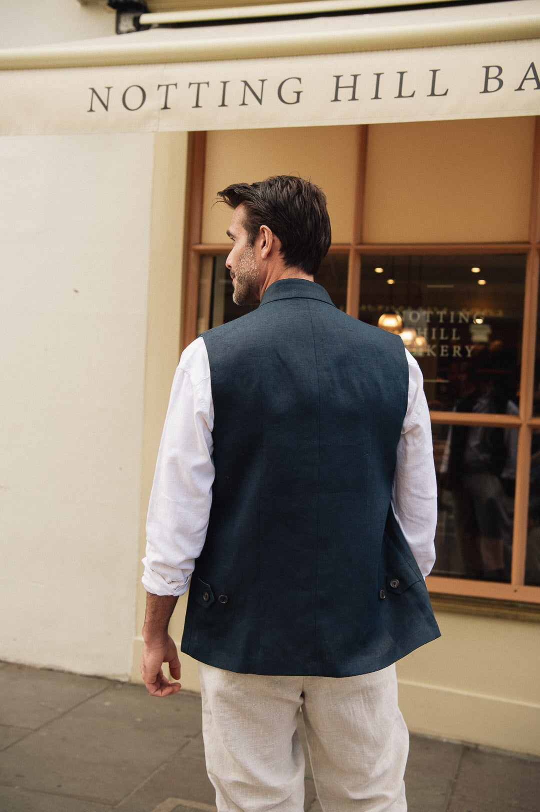 DARZI COMO LINEN NEHRU WAISTCOAT - NAVY - BANK