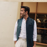 DARZI COMO LINEN NEHRU WAISTCOAT - NAVY - FRONT