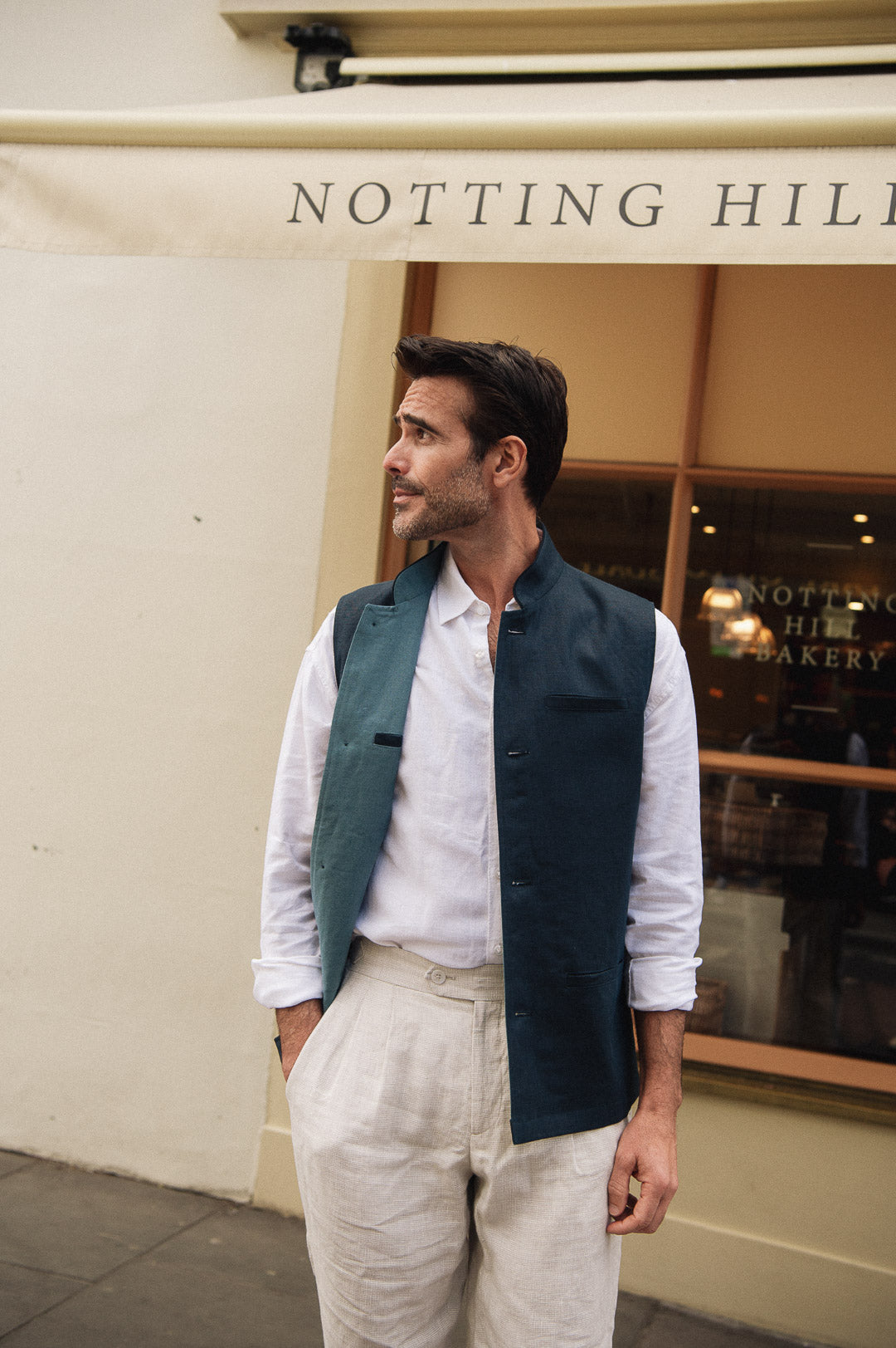 DARZI COMO LINEN NEHRU WAISTCOAT - NAVY - FRONT