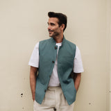 DARZI COMO LINEN WAISTCOAT - SARGASSO BLUE - FULL DETAIL