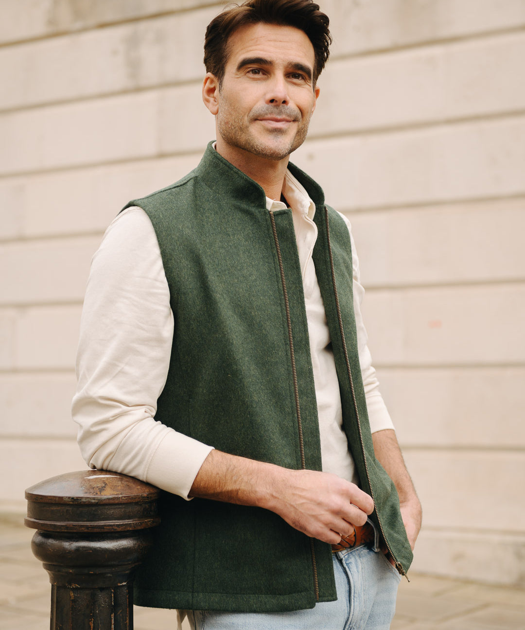 Darzi Zipped Gilet - Green Loden Wool