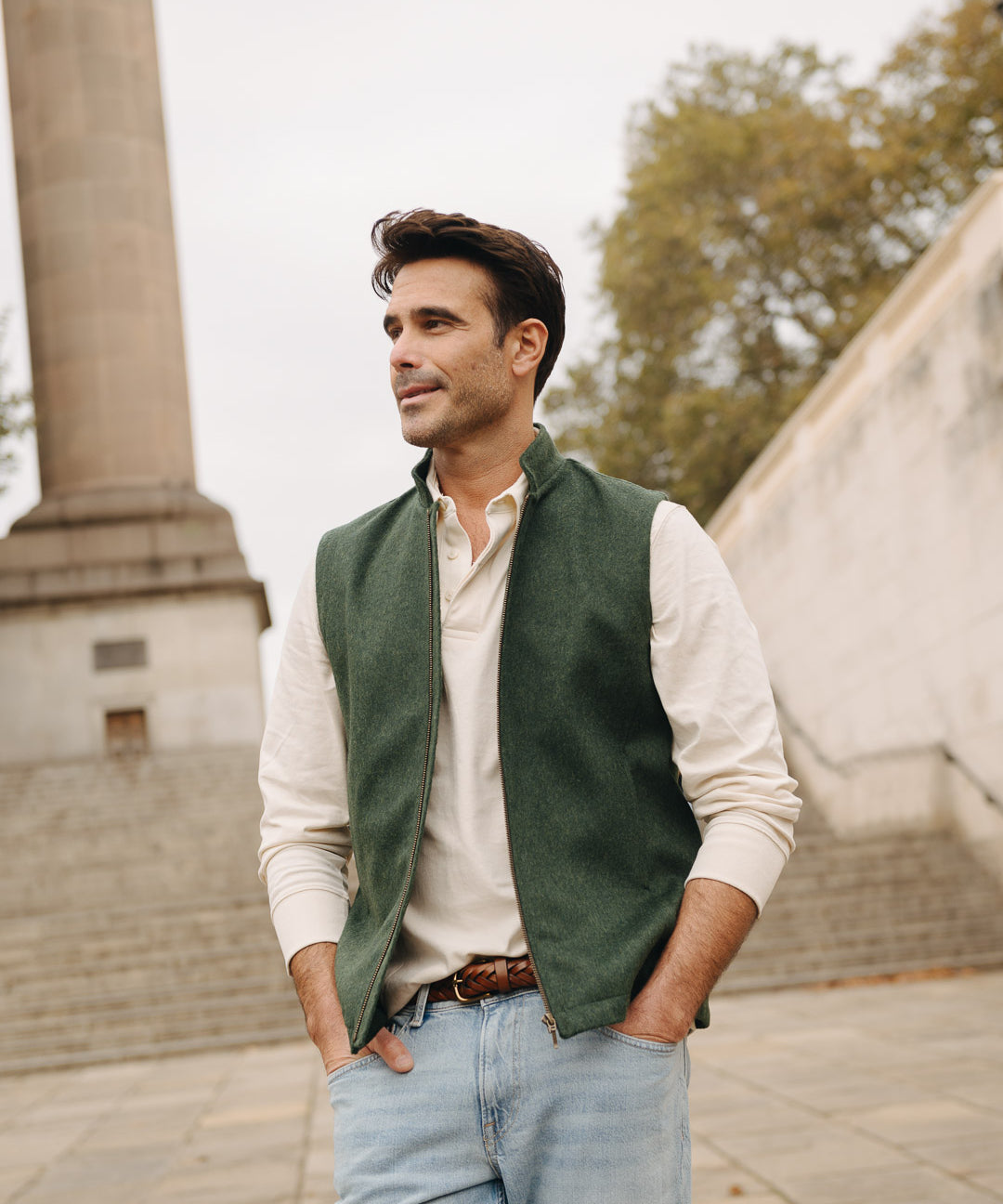 Darzi Zipped Gilet - Green Loden Wool