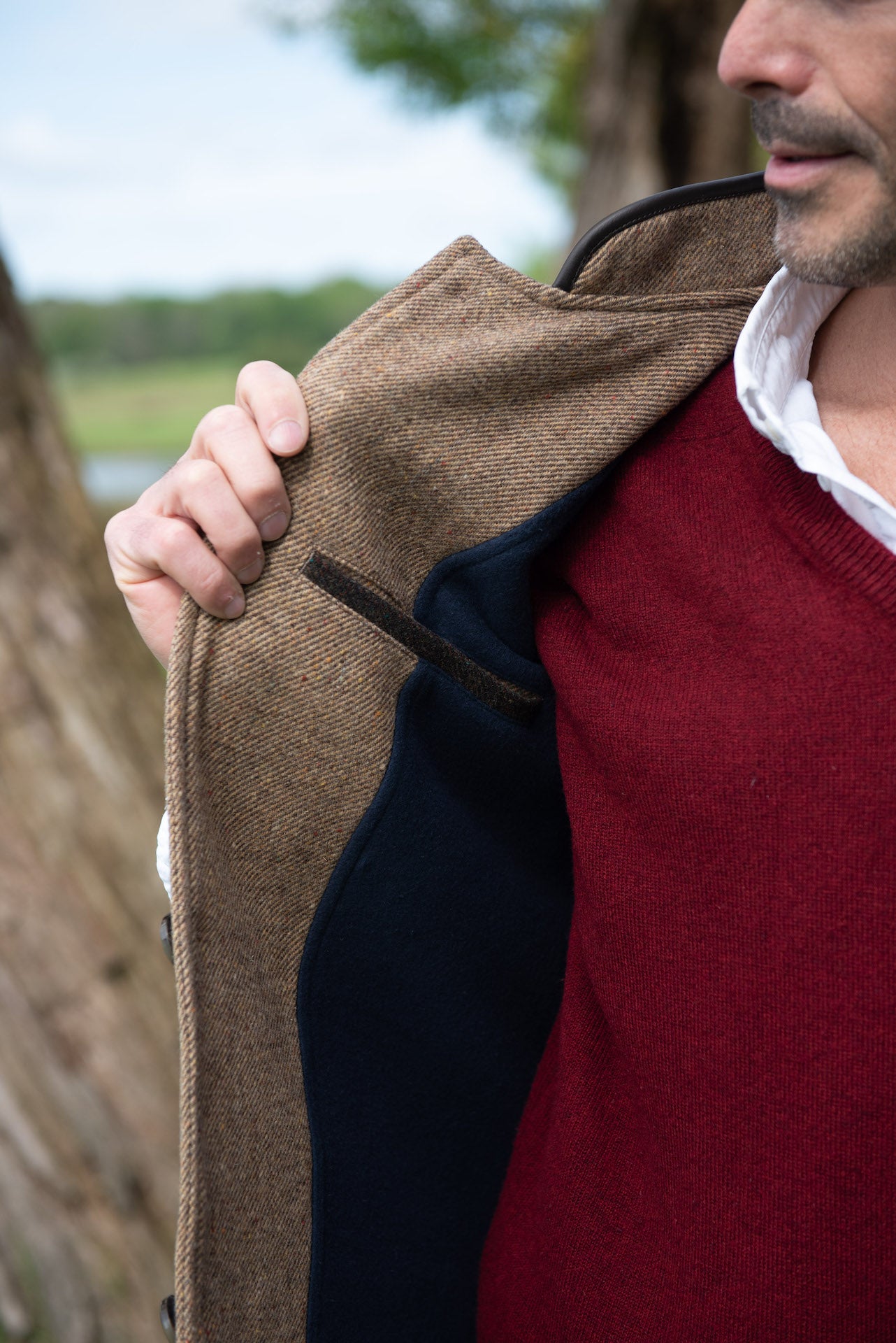 Men's Shetland Wool Darzi gilet in Camel Brown - inside pocket