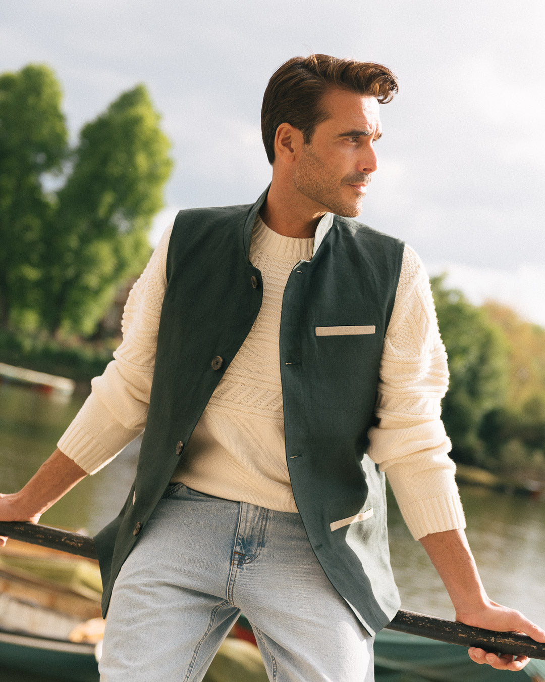 Como Linen Gilet - Samphire Green