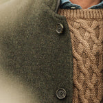 Close-up lapel detail of Darzi Helmsley green brown twill wool waistcoat