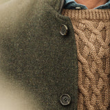 Close-up lapel detail of Darzi Helmsley green brown twill wool waistcoat
