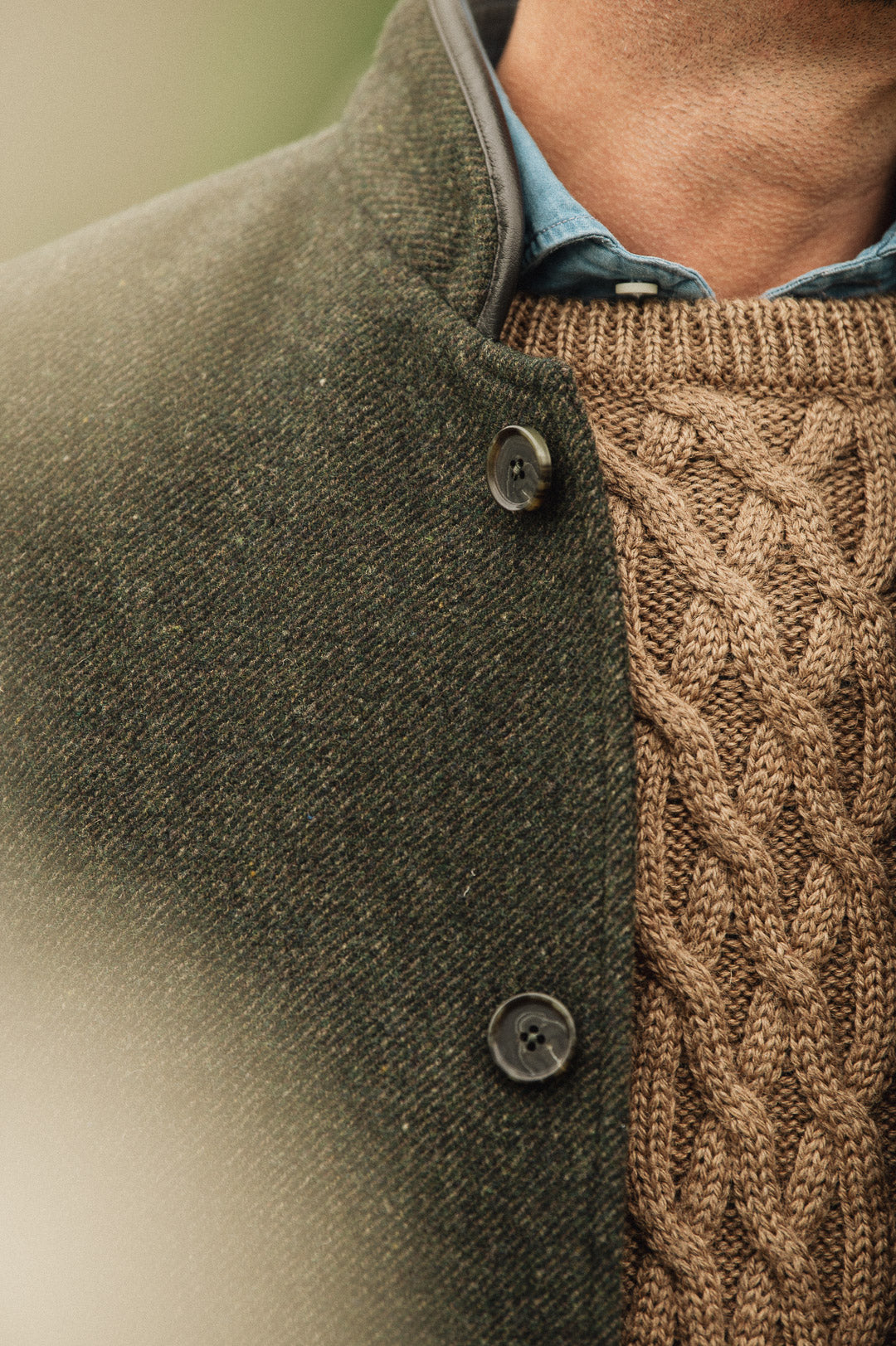 Close-up lapel detail of Darzi Helmsley green brown twill wool waistcoat