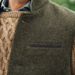 Close-up breast pocket detail of Darzi Helmsley green brown twill wool waistcoat