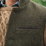 Close-up breast pocket detail of Darzi Helmsley green brown twill wool waistcoat