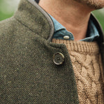 Close-up collar detail of Darzi Helmsley green brown twill wool waistcoat