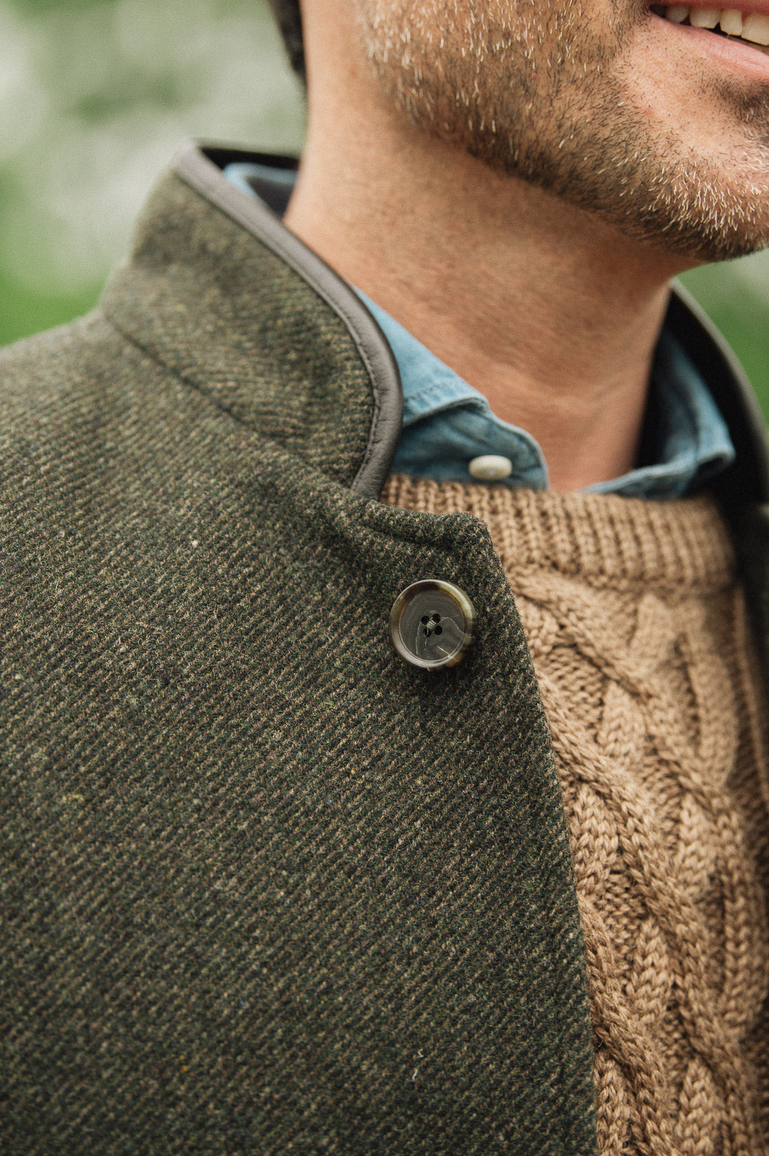 Close-up collar detail of Darzi Helmsley green brown twill wool waistcoat