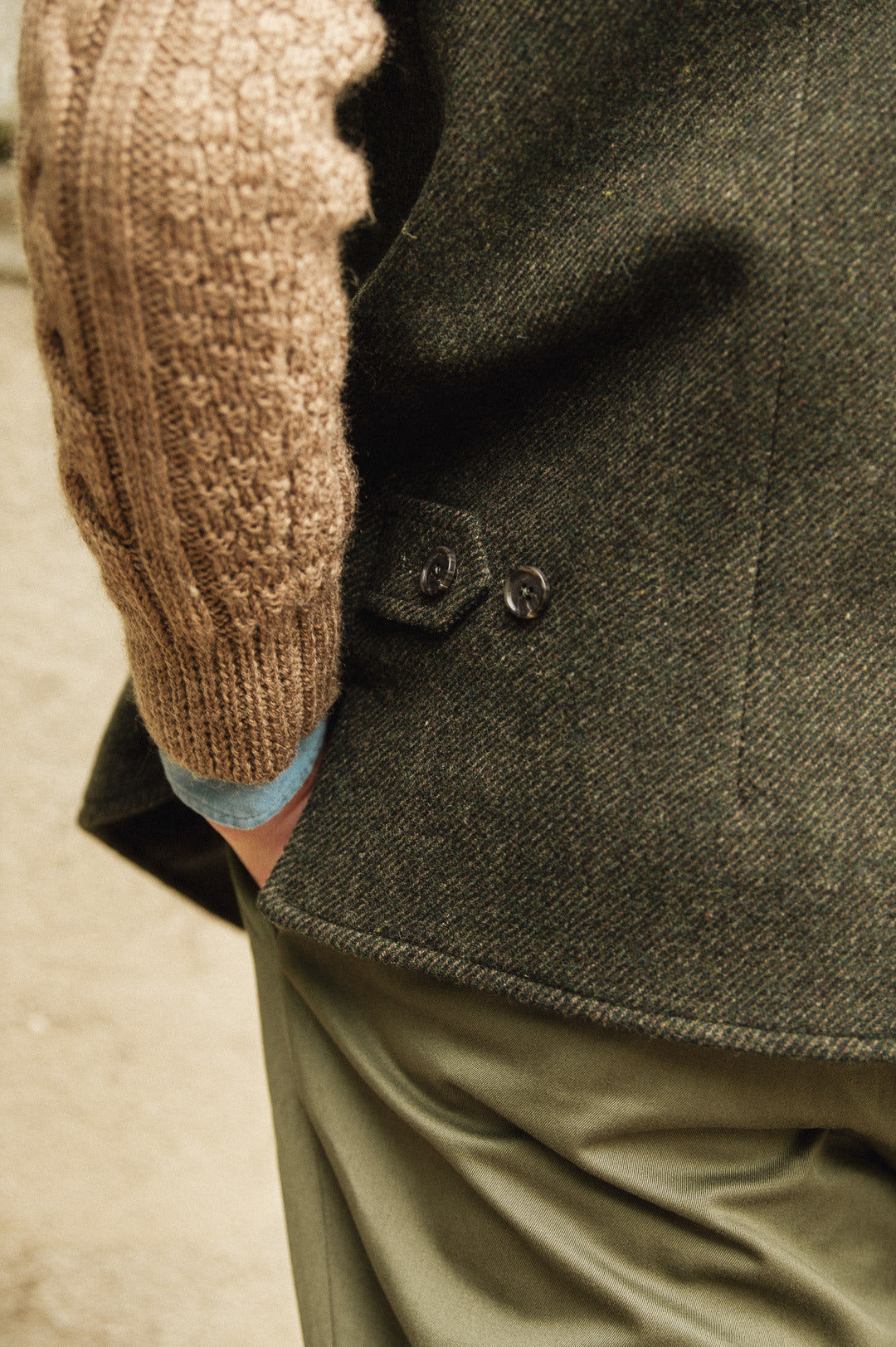 Side adjuster detail of Darzi Helmsley green brown twill wool waistcoat