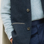 Darzi Midnight Blue merino wool waistcoat - side pocket and button detail