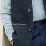Darzi Midnight Blue merino wool waistcoat - side pocket and button detail