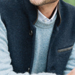 Darzi Midnight Blue merino wool waistcoat - collar and top pocket detail