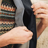Men's Darzi navy Hillgate linen vest with close-up of concealed inside breast pocket opening