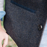 Close-up of pocket detail on Darzi Helmsley wool waistcoat in Blue Brown Twill 