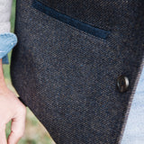 Close-up of pocket detail on Darzi Helmsley wool waistcoat in Blue Brown Twill 