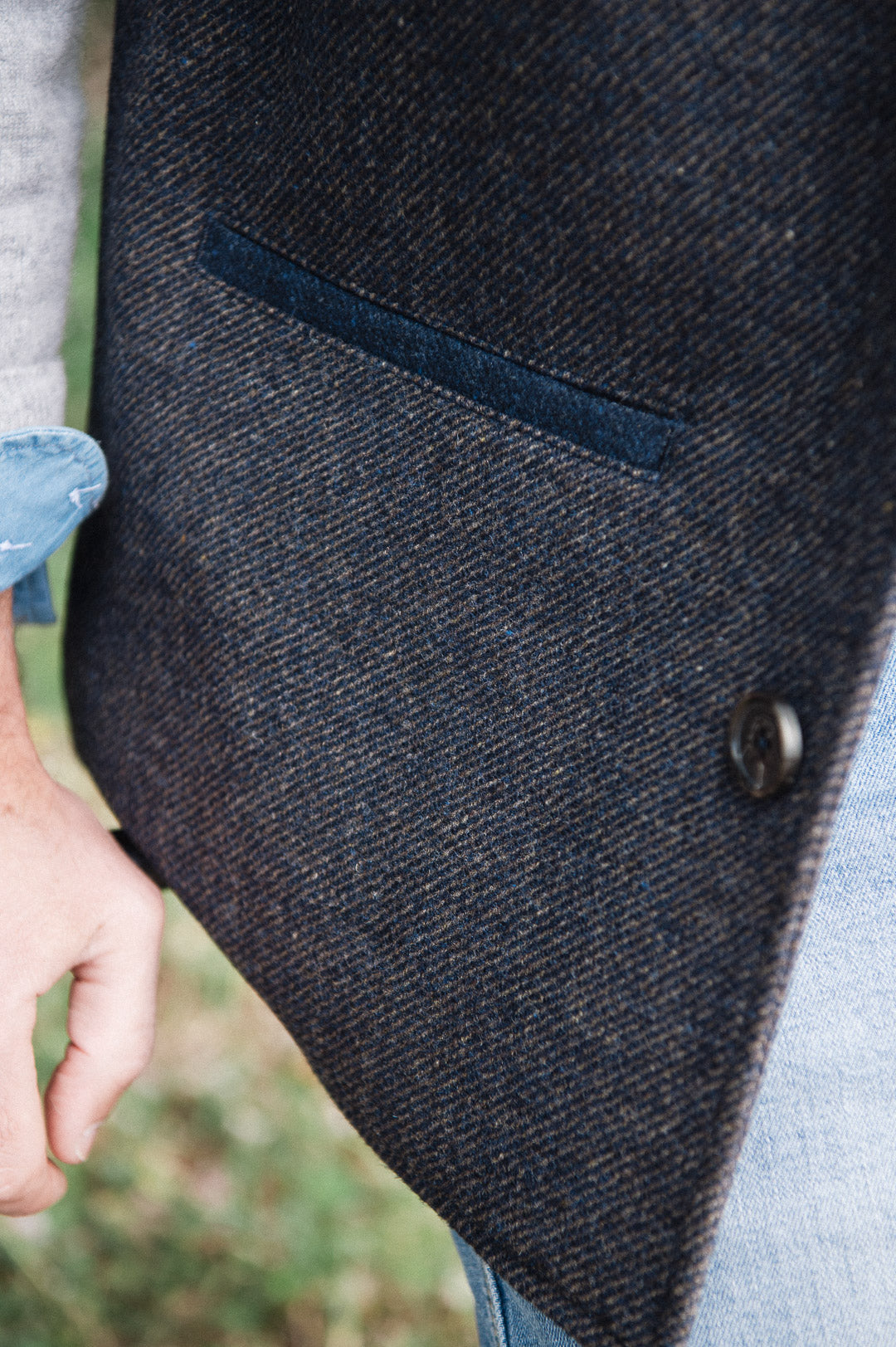 Close-up of pocket detail on Darzi Helmsley wool waistcoat in Blue Brown Twill 