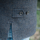 Close-up of waist adjuster detail on Darzi Helmsley wool waistcoat in Blue Brown Twill 