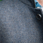 Close-up of collar detail on Darzi Helmsley wool waistcoat in Blue Brown Twill 