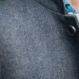 Close-up of collar detail on Darzi Helmsley wool waistcoat in Blue Brown Twill 