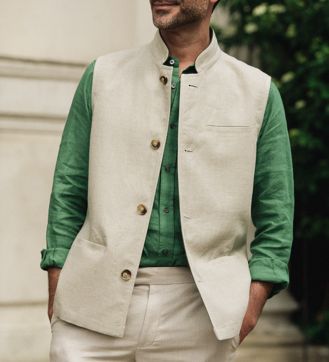 DARZI COMO LINEN WAISTCOAT - LIMESTONE 1