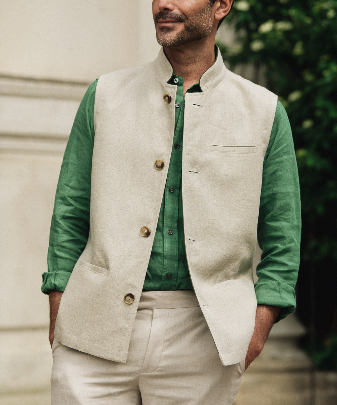 DARZI COMO LINEN WAISTCOAT - LIMESTONE 1