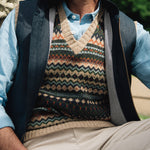 Man wearing a patterned sweater vest over a light blue shirt with beige pants, sitting outdoors wearing a Darzi navy linen Hillgate gilet
