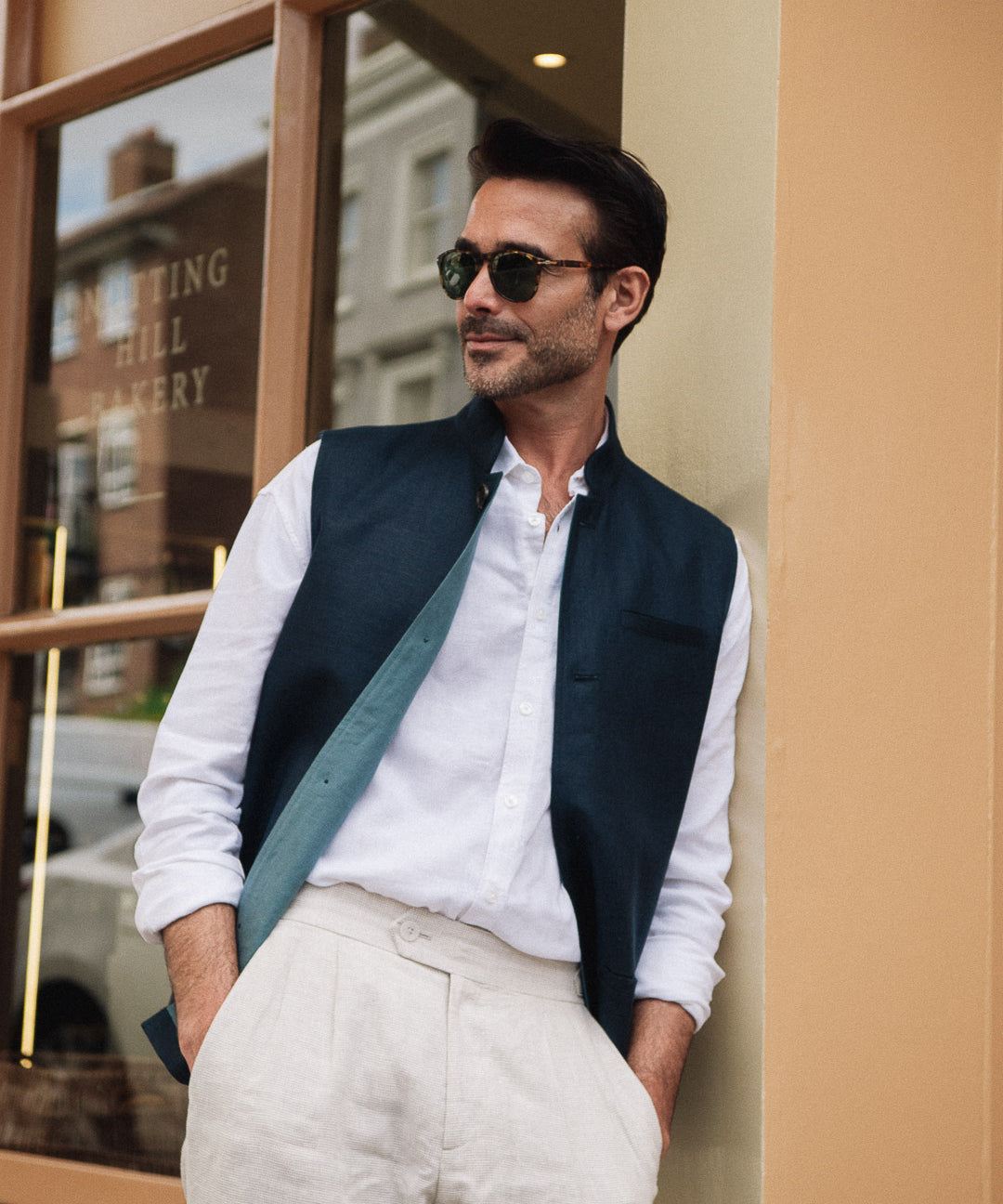 DARZI COMO LINEN NEHRU WAISTCOAT -  NAVY - FRONT 4