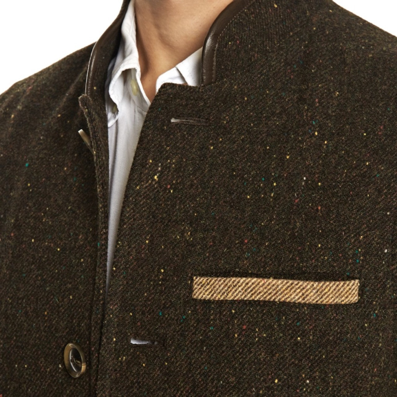 Men's Darzi Tweed Wool gilet in dark brown - close up view