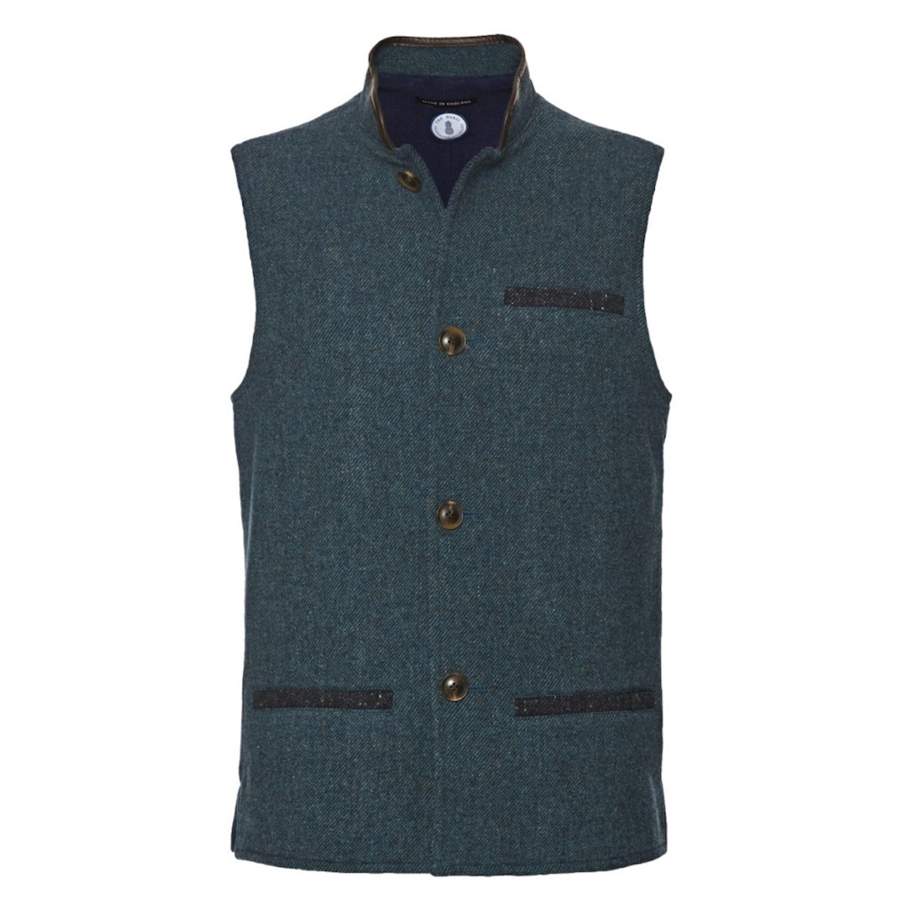 Mens Teal tweed wool Nehru Darzi gilet from front