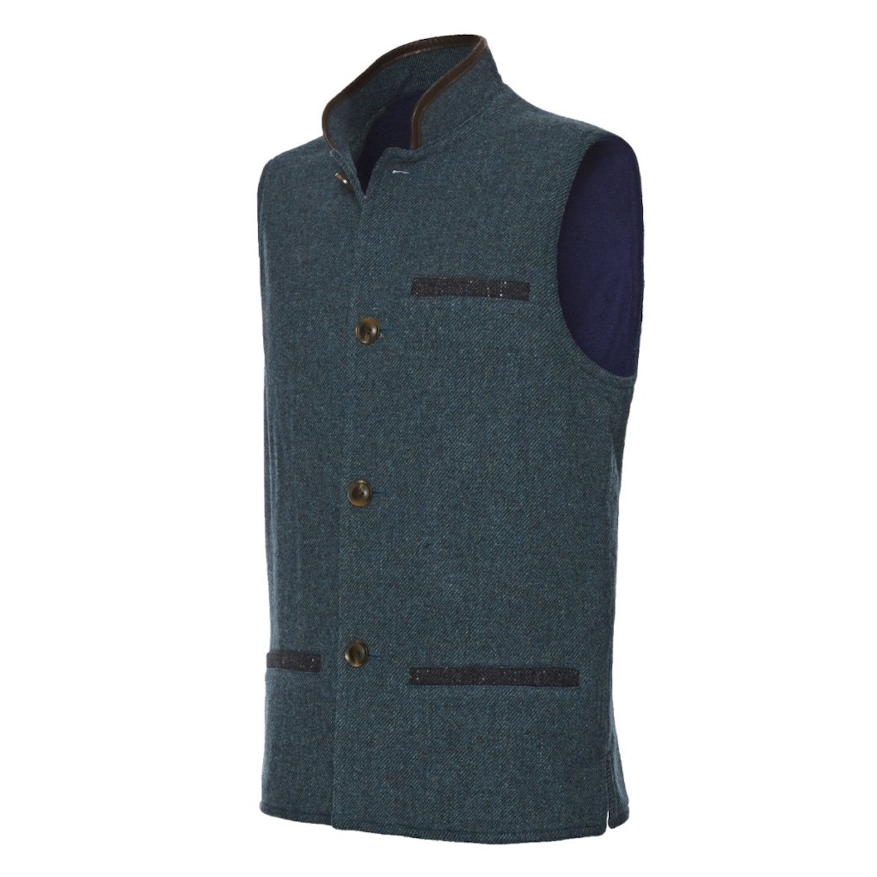 Mens Deep Teal tweed wool Nehru Darzi gilet from side