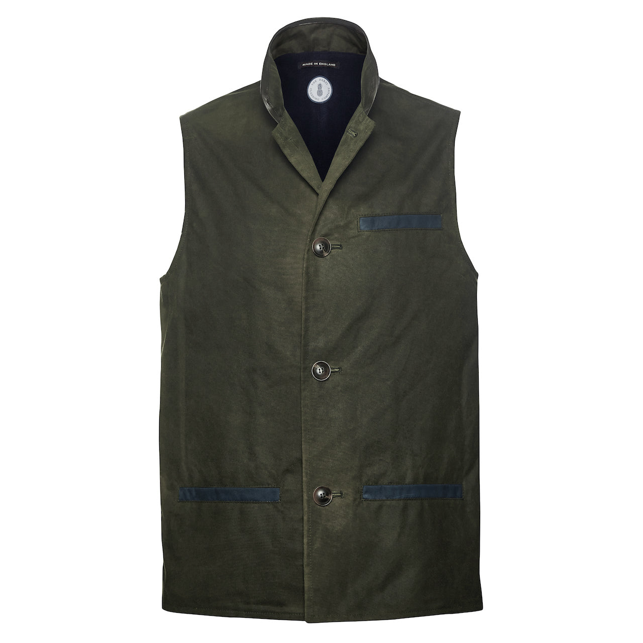 Green waxed cotton Darzi gilet front view