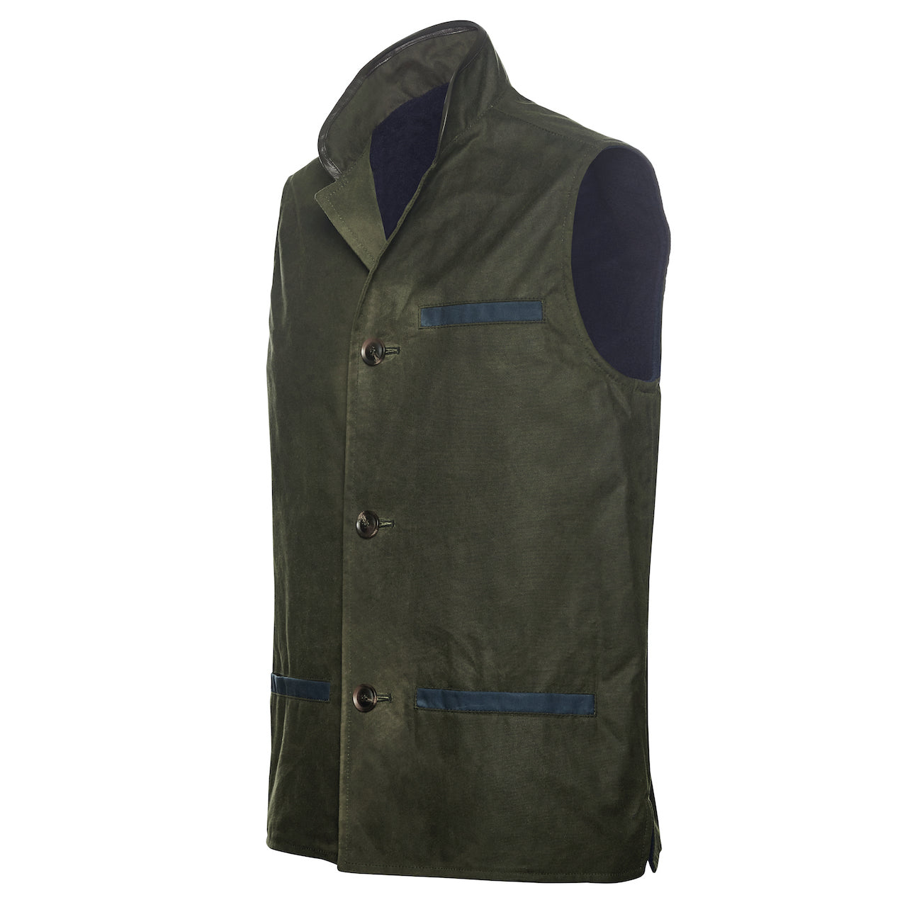 Green wax cotton Darzi gilet side view