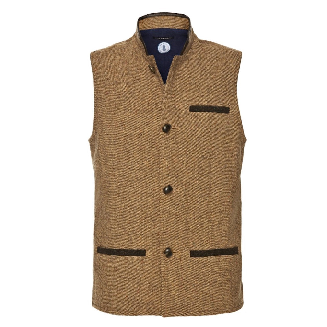 Men's Shetland Wool Darzi gilet in camel brown - front view